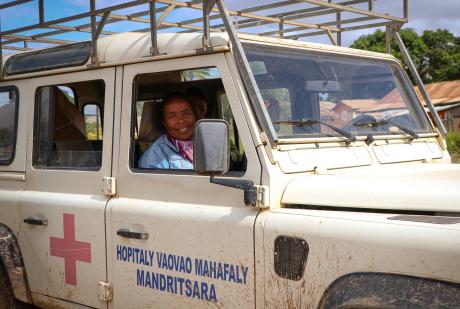 Sylvia in the Good News Hospital car